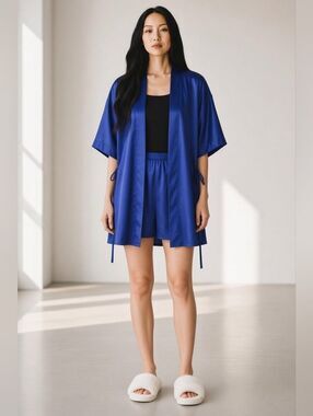 Jennifer Moore Satin Royal Blue Short Kimono Robe Without Tie Misses One Size